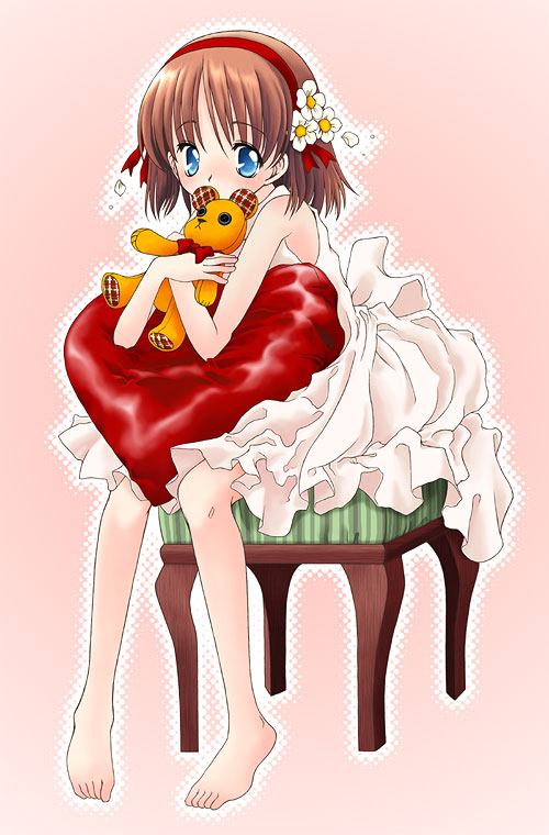 barefoot blue_eyes brown_hair chair doll_hug dress feet flower full_body hair_flower hair_ornament hairband heart heart_pillow kuroda_bb original pillow pink_background short_hair sitting solo stuffed_animal stuffed_toy teddy_bear toes white_dress