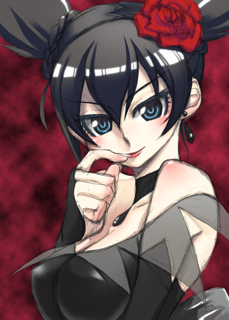 bare_shoulders black_hair blue_eyes braid breasts choker earrings finger_to_mouth flower jewelry kuromi kurumi_nui medium_breasts onegai_my_melody red_background red_flower red_rose rose short_hair solo twintails weshika