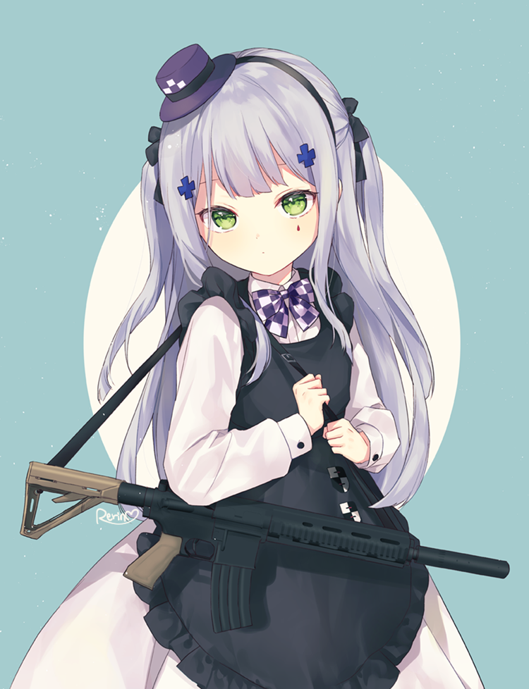 1girl apron assault_rifle black_apron black_bow black_hairband blue_background blush bow closed_mouth commentary_request dress facial_mark frilled_apron frills girls_frontline green_eyes gun hair_bow hairband hat head_tilt heart heckler_&amp;_koch hk416 hk416_(girls_frontline) long_hair looking_at_viewer maid_apron mini_hat mini_top_hat object_namesake one_side_up purple_hat rifle signature silltare silver_hair solo tilted_headwear top_hat two-tone_background two_side_up very_long_hair weapon white_background white_dress