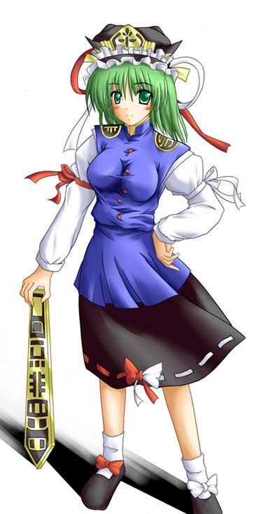 artist_request blush bow breasts full_body green_eyes green_hair hat large_breasts long_sleeves ribbon rod_of_remorse shiki_eiki shoes simple_background skirt socks solo standing touhou
