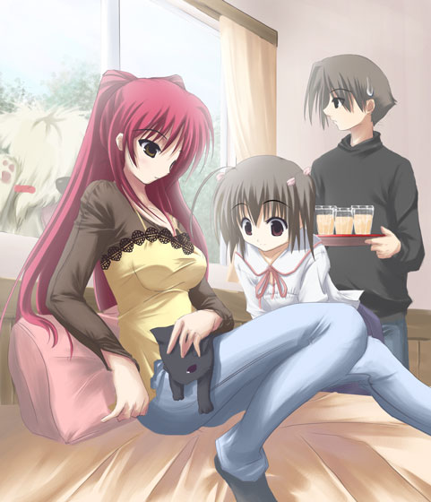 2girls ahoge animal black_cat black_shirt blush blush_stickers breasts brown_eyes brown_hair casual cat curtains denim dog genjimaru glass holding indoors jeans kousaka_tamaki long_hair long_sleeves medium_breasts multiple_girls old_english_sheepdog pants profile red_hair ribbon satomi shirt short_hair sitting sweatdrop to_heart_2 tray window yuzuhara_konomi