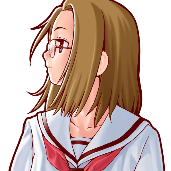 brown_hair closed_mouth expressionless from_side glasses kamichu! looking_away nekopuchi profile purple_eyes school_uniform serafuku shijou_mitsue short_hair simple_background solo upper_body white_background