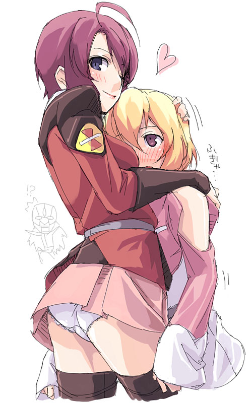 2girls ahoge ass black_legwear blonde_hair blush face gundam gundam_seed gundam_seed_destiny hug kyo_(kuroichigo) lace lace-trimmed_panties long_sleeves lunamaria_hawke military military_uniform multiple_girls panties pantyshot pink_skirt purple_eyes purple_hair short_hair skirt stellar_loussier thighhighs underwear uniform upskirt white_panties yuri