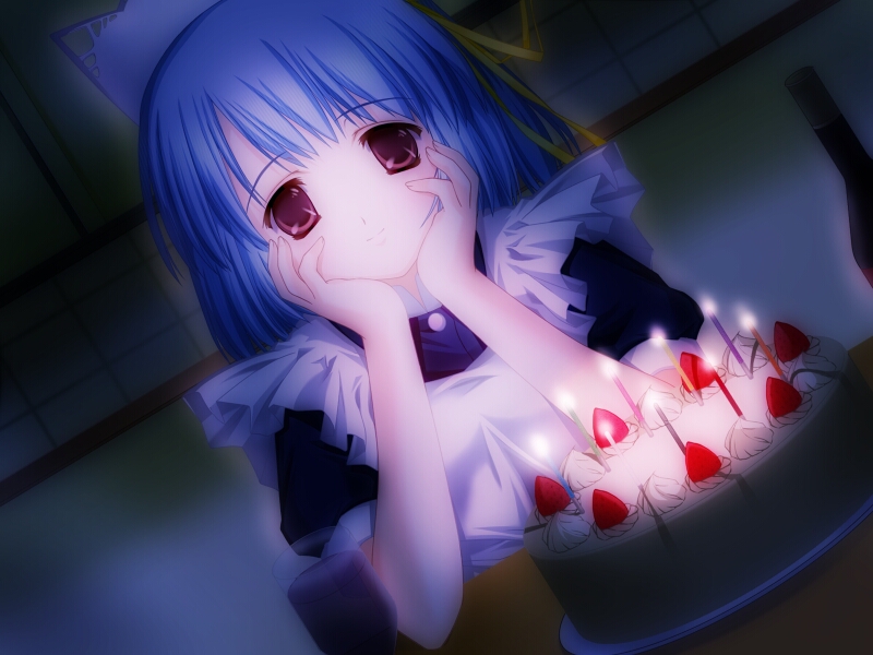 artist_request blue_hair cake candle dark dutch_angle food fruit game_cg glowing himuro_suzune imouto_watashi_donna_koto_datte... maid pastry purple_eyes smile solo strawberry