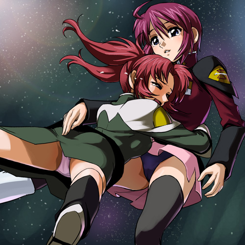 black_legwear black_panties boots gundam gundam_seed gundam_seed_destiny haruyama_kazunori hug lens_flare long_sleeves lowres lunamaria_hawke meyrin_hawke military military_uniform miniskirt multiple_girls panties pantyshot pencil_skirt pink_skirt purple_eyes purple_hair red_hair short_hair siblings sisters skirt thighhighs twintails underwear uniform upskirt white_panties