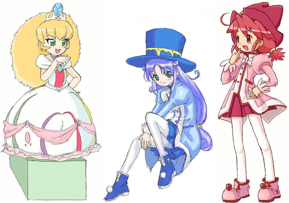 ahoge altessa big_hair blonde_hair blue_hair blush boots bow bowtie brooch chaba_(chabanyu) choker diamond dress earrings fine fushigiboshi_no_futago_hime gown green_eyes hand_on_hip hands_clasped hat jewelry long_hair long_sleeves multiple_girls own_hands_together pantyhose pink_hair ponytail princess red_eyes red_skirt rein short_hair short_twintails skirt smile tiara top_hat turtleneck twintails very_long_hair white_legwear