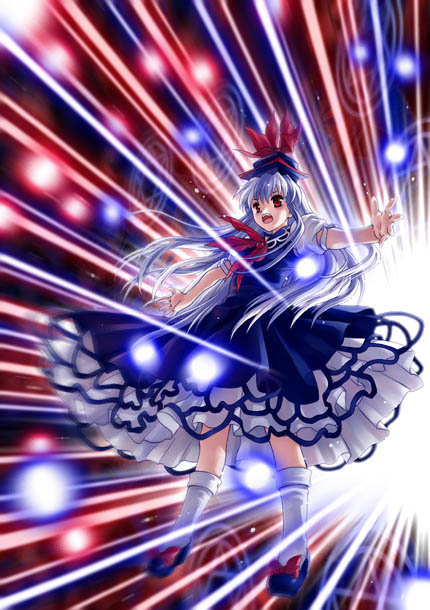 attack blue_hair danmaku dress hat imperishable_night kamishirasawa_keine long_hair long_sleeves magic_circle multicolored_hair open_mouth outstretched_arms sato-pon silver_hair solo spread_arms touhou