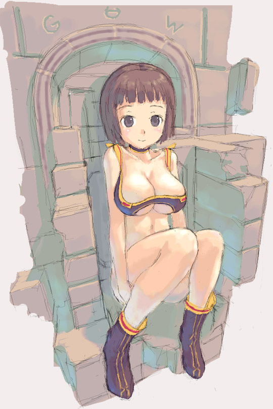 blush boots bra breasts brown_hair cleavage_cutout collar full_body large_breasts legs light_smile looking_at_viewer navel original short_hair sitting sketch solo stone_wall tougetsu_gou underwear wall