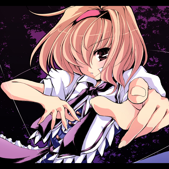 alice_margatroid ascot blonde_hair foreshortening hairband outstretched_hand purple_background red_eyes short_hair solo touhou touya_(the-moon)