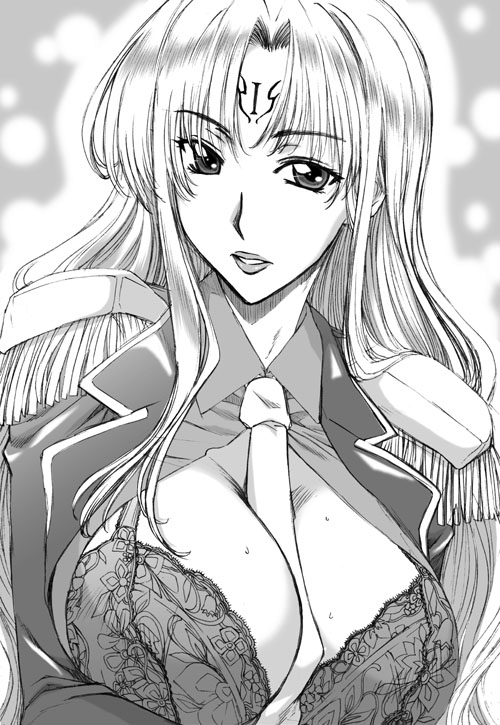black_cat_(series) bra breasts greyscale hanzaki_jirou huge_breasts lingerie monochrome sephiria_arks solo underwear