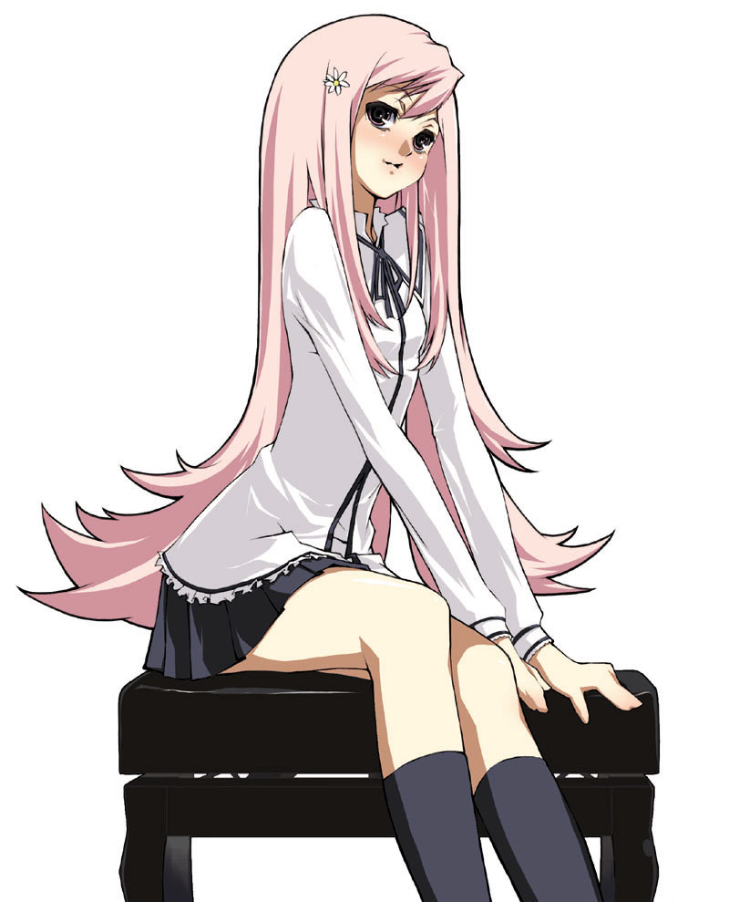 arm_support bad_proportions bench black_legwear blush hair_ornament hairclip head_tilt iqu legs long_hair long_sleeves lucy_maria_misora miniskirt neck_ribbon pink_hair pleated_skirt ribbon school_uniform simple_background sitting skirt smile solo to_heart_2 very_long_hair