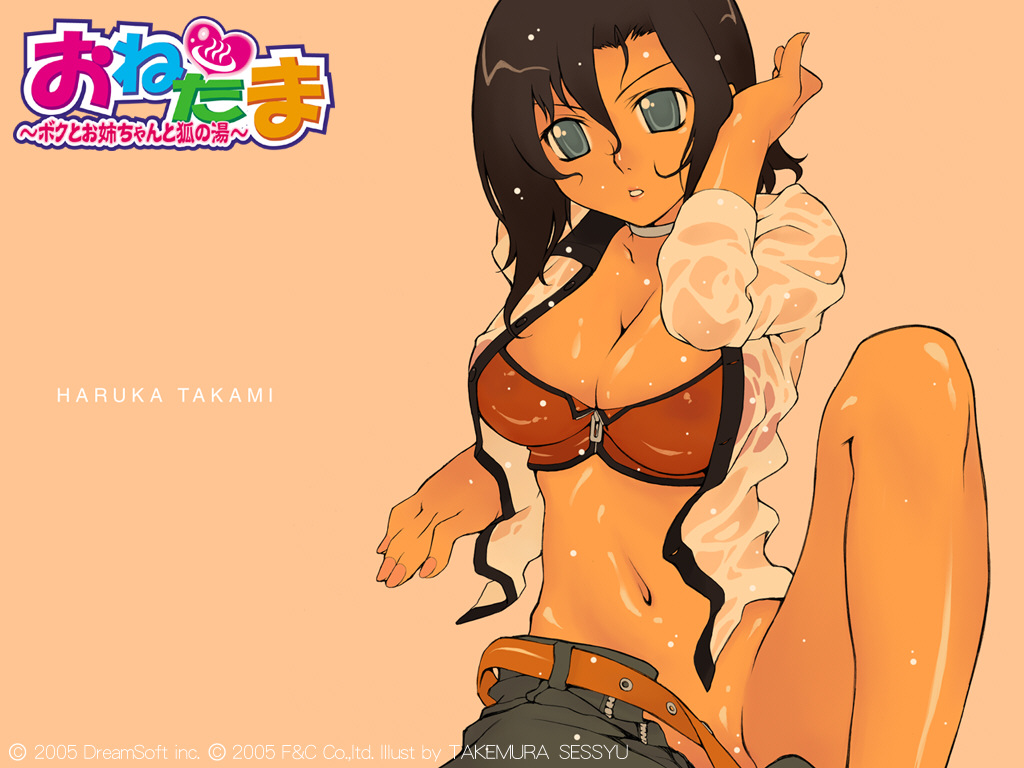 adjusting_hair belt black_hair blue_eyes breasts choker cleavage crop_top groin halter_top halterneck large_breasts leg_up long_sleeves midriff nail_polish navel no_panties non-web_source onetama open_clothes open_shirt shirt short_hair solo takami_haruka takemura_sesshuu thighs undressing unzipped wallpaper wet wet_clothes wet_shirt zipper