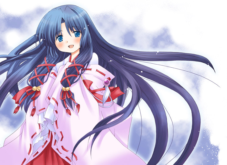 air bell black_hair blue_eyes hair_bell hair_ornament hakama japanese_clothes jingle_bell kannabi_no_mikoto long_hair long_sleeves patoto red_hakama solo very_long_hair