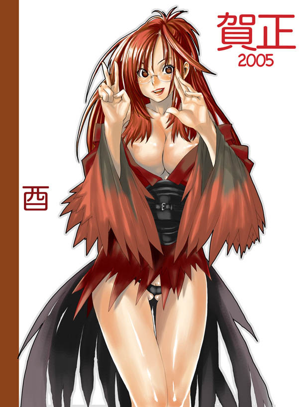 2005 areolae bird_costume black_panties breasts bustier cameltoe chinese_zodiac corset glasses large_breasts lingerie long_sleeves new_year nipples ooshima_ryou original panties red_hair solo underwear year_of_the_rooster