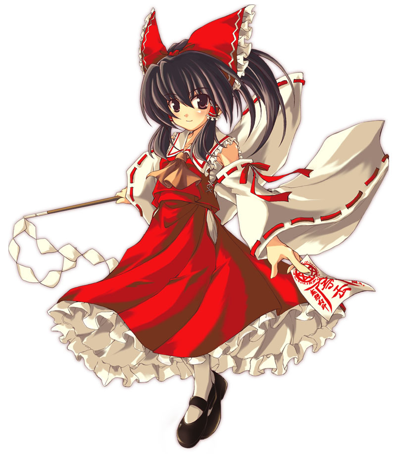 black_hair bow brown_eyes detached_sleeves gohei hair_bow hakurei_reimu long_sleeves ofuda short_hair solo touhou touya_(the-moon)