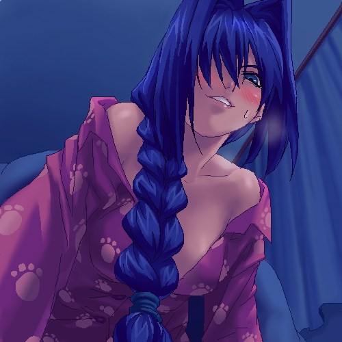 blue_hair blush braid hair_over_one_eye kanon long_sleeves lowres minase_nayuki oekaki pajamas parted_lips solo sweat you_gonna_get_raped zen