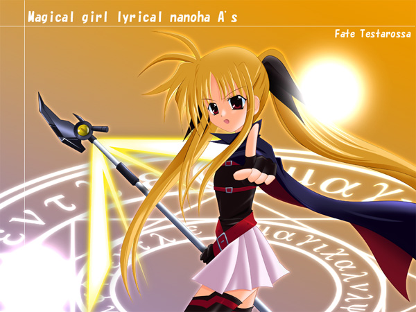 bad_anatomy bardiche belt blonde_hair character_name copyright_name fate_testarossa fingerless_gloves gloves index_finger_raised long_hair looking_at_viewer lyrical_nanoha magic_circle magical_girl mahou_shoujo_lyrical_nanoha mahou_shoujo_lyrical_nanoha_a's octagram pointing polearm red_eyes sidelocks single_fingerless_glove single_glove skirt solo spear star_of_lakshmi thighhighs twintails weapon