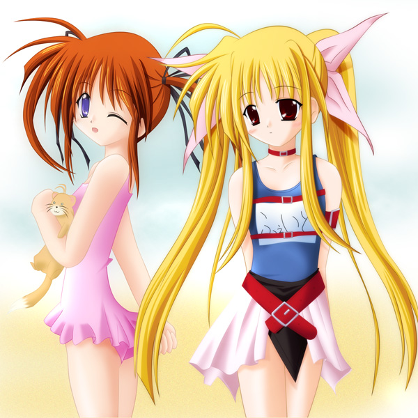 arms_behind_back belt blonde_hair brown_hair casual_one-piece_swimsuit fate_testarossa ferret frilled_swimsuit frills long_hair looking_back lyrical_nanoha mahou_shoujo_lyrical_nanoha multiple_girls name_tag no_shirt one-piece_swimsuit one_eye_closed purple_eyes red_eyes school_swimsuit skirt swimsuit swimsuit_under_clothes takamachi_nanoha twintails very_long_hair yuuno_scrya
