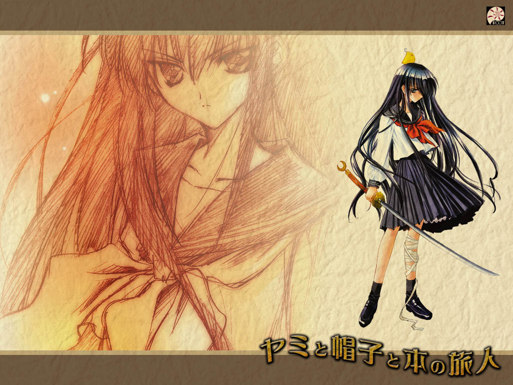 &gt;:( azuma_hazuki bandages beige_background bird black_legwear blue_skirt carnelian chicken copyright_name crescent floating_hair frills frown full_body grey_eyes hair_between_eyes holding holding_sword holding_weapon katana kneehighs letterboxed long_hair long_sleeves looking_at_viewer monochrome_background official_art on_head partially_colored red_ribbon ribbon sailor_collar school_uniform serafuku sketch skirt solo sword upper_body v-shaped_eyebrows very_long_hair wallpaper weapon yami_to_boushi_to_hon_no_tabibito zoom_layer
