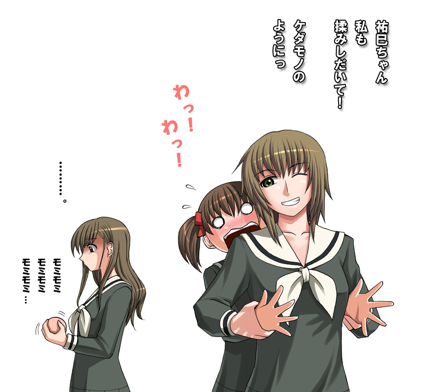 3girls arm_grab blonde_hair blush brown_hair embarrassed fukuzawa_yumi grin impending_grope katwu_(gensou_ninja_yashiki) long_hair long_sleeves maria-sama_ga_miteru multiple_girls one_eye_closed open_mouth oppai_ball profile satou_sei school_uniform serafuku short_hair simple_background smile squeezing standing sweatdrop toudou_shimako translated twintails wrist_grab yuri