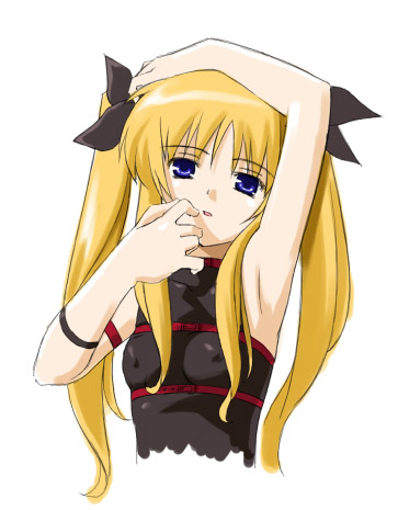 armlet artist_request bangs belt black_bow blonde_hair blue_eyes bow breasts covered_nipples eyebrows eyebrows_visible_through_hair fate_testarossa hand_on_head hand_to_own_mouth long_hair lowres lyrical_nanoha magical_girl mahou_shoujo_lyrical_nanoha open_mouth small_breasts solo twintails