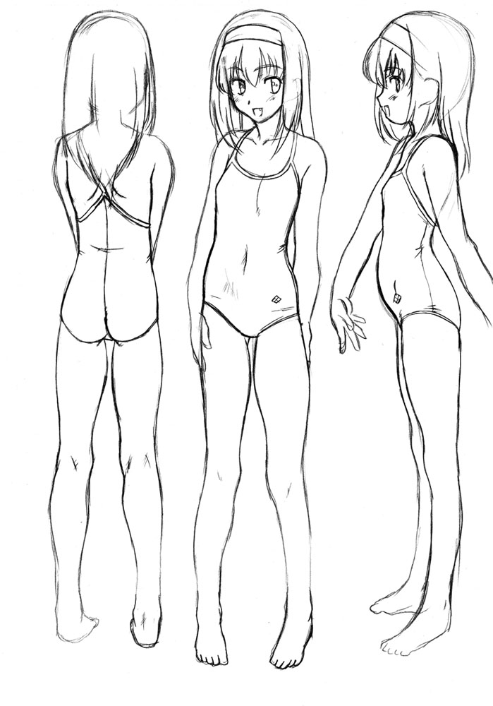 akiba_youko barefoot competition_swimsuit feet flat_chest greyscale hairband kamia_(not_found) kneepits monochrome multiple_views one-piece_swimsuit original sketch smile swimsuit