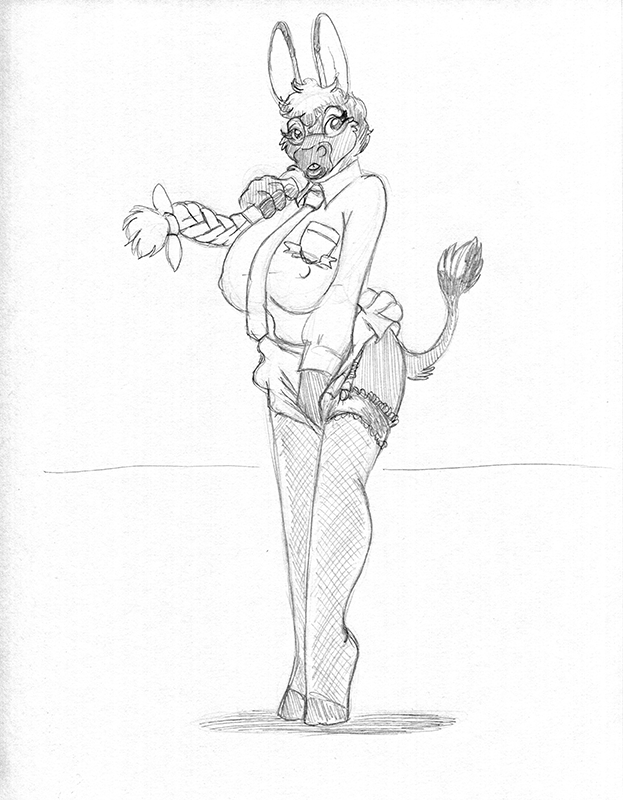 2019 anthro big_breasts braided_hair breasts clothing donkey equine female garter_straps greyscale hair legwear long_hair looking_at_viewer mammal monochrome nipple_bulge open_mouth shirt simple_background skirt solo stockings tail_tuft thigh_highs tiptoes tuft wolfkidd