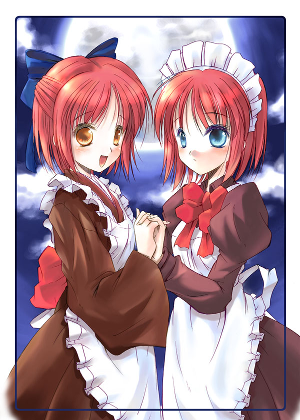 apron artist_request blue_eyes blush bow full_moon hair_bow hisui holding_hands interlocked_fingers japanese_clothes kimono kohaku long_sleeves looking_at_viewer maid maid_headdress moon multiple_girls neck_ribbon night open_mouth puffy_sleeves red_hair ribbon short_hair siblings sisters sky smile symmetrical_hand_pose tsukihime twins yellow_eyes
