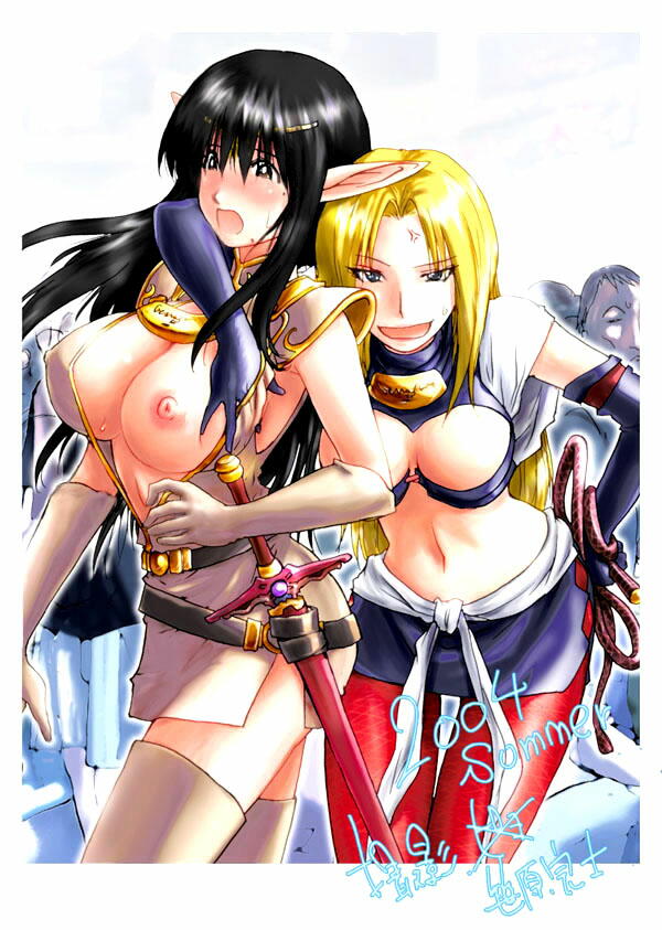 belt black_hair blonde_hair blush breast_slip breasts cleavage cosplay elbow_gloves elf genshiken gloves hug kasukabe_saki konkitto large_breasts leaning_forward midriff mole mole_under_eye mole_under_mouth multiple_girls nipples one_breast_out oono_kanako open_clothes open_mouth open_shirt pantyhose pointy_ears record_of_lodoss_war shirt skirt surprised sweat sword thighhighs weapon whip zettai_ryouiki