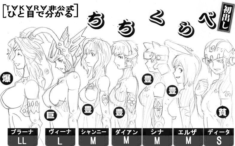 acroplana artist_request breast_envy breasts bust_chart character_request clenched_hand closed_eyes eighth_note flat_chest greyscale helm helmet large_breasts lineup microman monochrome multiple_girls musical_note profile short_hair sketch smile