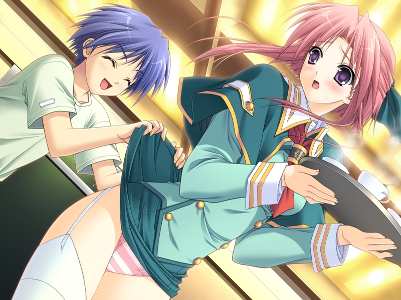 1girl assisted_exposure blue_hair blush central_military_academy_uniform child closed_eyes cup dutch_angle game_cg garter_belt hair_ribbon long_sleeves looking_back masato_(navel) morisaki_nao necktie panties pink_hair pink_panties purple_eyes ribbon school_uniform short_hair skirt skirt_lift soul_link striped striped_panties surprised suzuhira_hiro tea teacup thighhighs tray underwear white_legwear