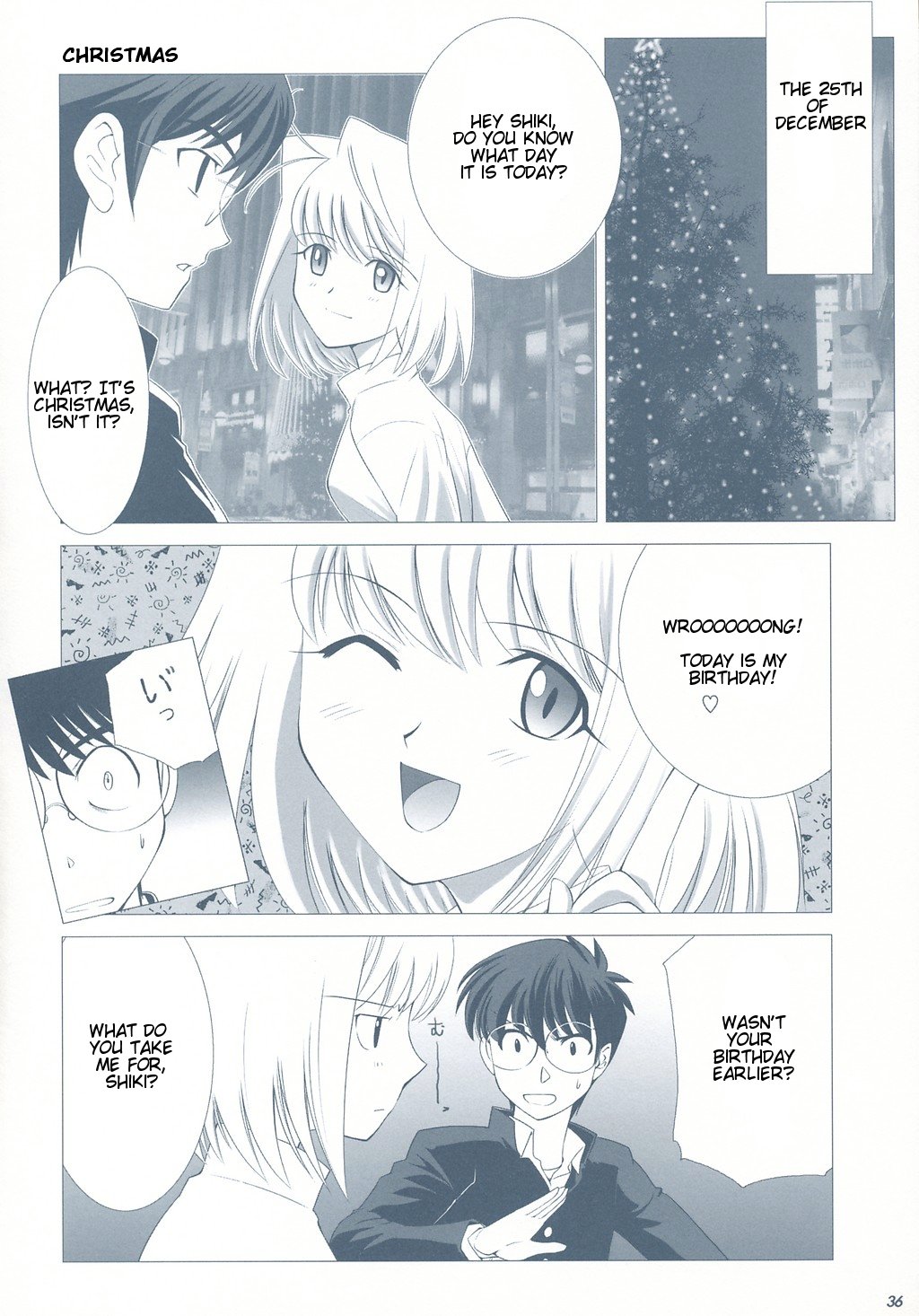 1girl arcueid_brunestud birthday christmas comic greyscale hard_translated highres long_sleeves monochrome shirotsumekusa toono_shiki translated tsukihime