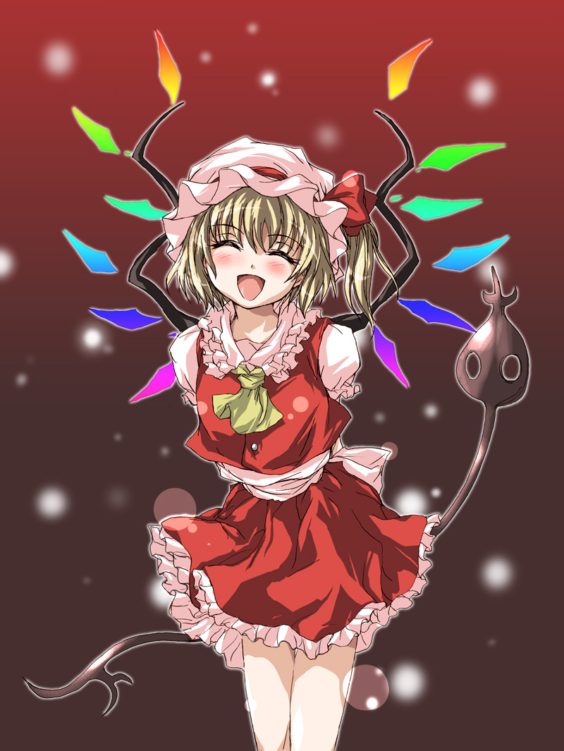 2004 arms_behind_back ascot blonde_hair blush closed_eyes dress flandre_scarlet gradient gradient_background happy hat laevatein matsukura_nemu mob_cap one_side_up open_mouth pink_hat ponytail red_dress ribbon short_hair smile solo touhou weapon wings yellow_neckwear
