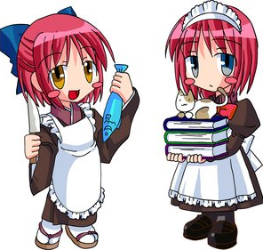 apron artist_request blue_eyes blush blush_stickers book book_stack cat chibi fish half_updo hisui holding holding_book knife kohaku long_sleeves lowres maid multiple_girls red_hair short_hair siblings sisters tsukihime twins yellow_eyes