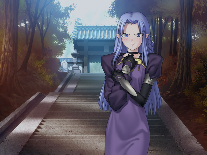 :t blue_eyes blue_hair blush caster dress fate/hollow_ataraxia fate/stay_night fate_(series) forest game_cg gate hands_on_own_chest long_dress long_hair nature outdoors pointy_ears pout shrine solo stairs stone_lantern takeuchi_takashi tree