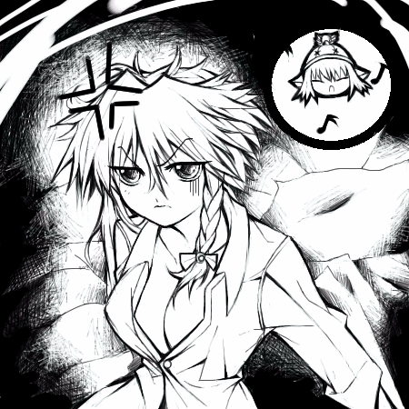 &gt;:( alternate_costume anger_vein angry animal_ears bags_under_eyes bangs bed bow braid breasts chaotic-unknown cleavage collarbone eighth_note frown greyscale hair_bow hat izayoi_sakuya large_breasts long_sleeves lowres monochrome musical_note mystia_lorelei on_bed pillow sitting sixteenth_note solo spiked_hair touhou twin_braids v-shaped_eyebrows