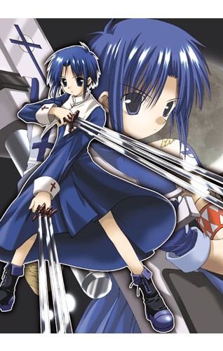 artist_request black_keys blue_dress blue_eyes blue_footwear blue_hair boots ciel claws collar cross_print dress long_sleeves looking_at_viewer lowres shoelaces short_hair standing tsukihime weapon