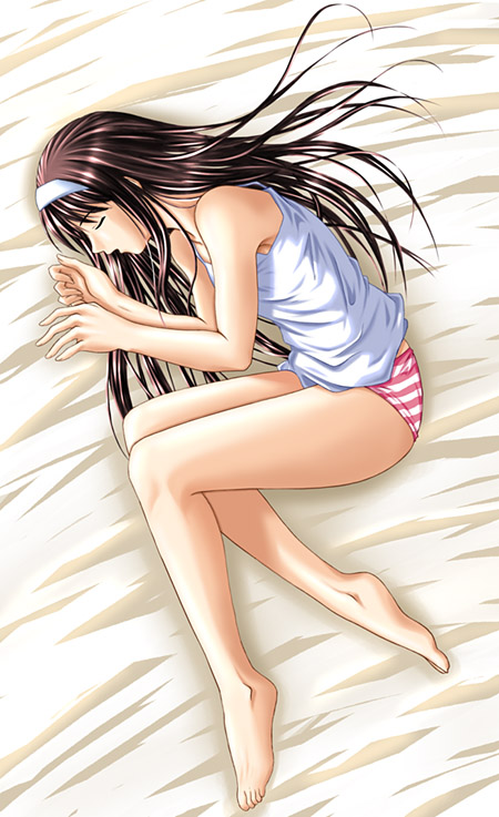 armpits artist_request bare_shoulders barefoot bed_sheet brown_hair camisole clenched_hand closed_eyes feet fetal_position from_above full_body hairband indoors legs long_hair lying on_side open_mouth panties plantar_flexion red_panties sidelocks sleeping solo striped striped_panties toono_akiha tsukihime underwear white_hairband white_panties