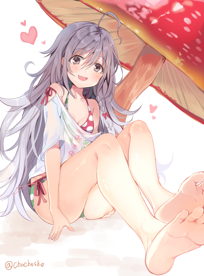 1girl :d ahoge barefoot bikini chocho_(homelessfox) feet grey_eyes hair_between_eyes heart hoshi_shouko idolmaster idolmaster_cinderella_girls legs long_hair looking_at_viewer mushroom open_mouth polka_dot polka_dot_bikini shirt side-tie_bikini silver_hair sitting smile solo swimsuit twitter_username white_shirt