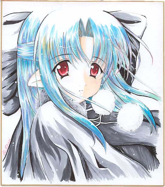 artist_request black_bow blue_hair border bow brown_border capelet frown fur_trim hair_bow half_updo len long_hair pointy_ears pom_pom_(clothes) red_eyes sidelocks simple_background solo tsukihime turtleneck upper_body white_background
