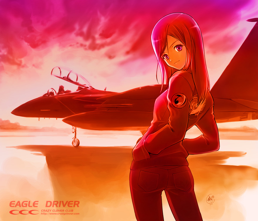 aircraft airplane denim f-15_eagle fighter_jet hands_in_pockets jeans jet long_hair long_sleeves looking_back military military_vehicle original pants purple_eyes shirotsumekusa smile solo sunset