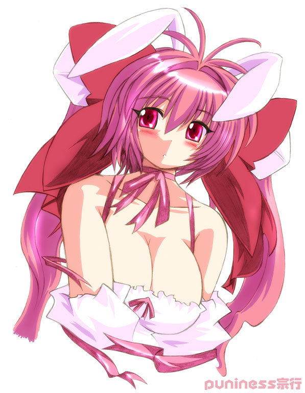 :o animal_ears bare_shoulders blush bow breasts bunny_ears choker cleavage di_gi_charat dice gomamiso_(gomamiso_sp) hair_bow large_breasts long_hair pink_bow pink_eyes pink_hair ribbon ribbon_choker simple_background solo twintails upper_body usada_hikaru white_background