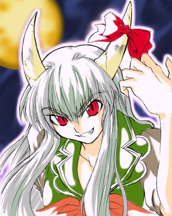 :d artist_request bangs collarbone evil_grin evil_smile ex-keine fangs full_moon glowing grin head_tilt horn_ribbon horns kamishirasawa_keine long_hair looking_at_viewer moon night open_mouth ribbon silver_hair smile solo teeth touhou upper_body v-shaped_eyebrows