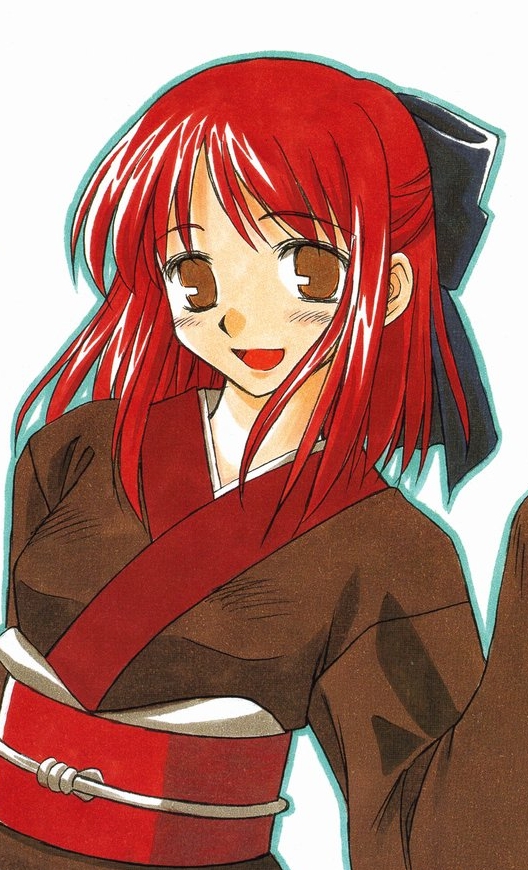 artist_request blush bow hair_bow japanese_clothes kimono kohaku long_sleeves looking_at_viewer open_mouth red_hair sash short_hair smile solo tsukihime upper_body yellow_eyes