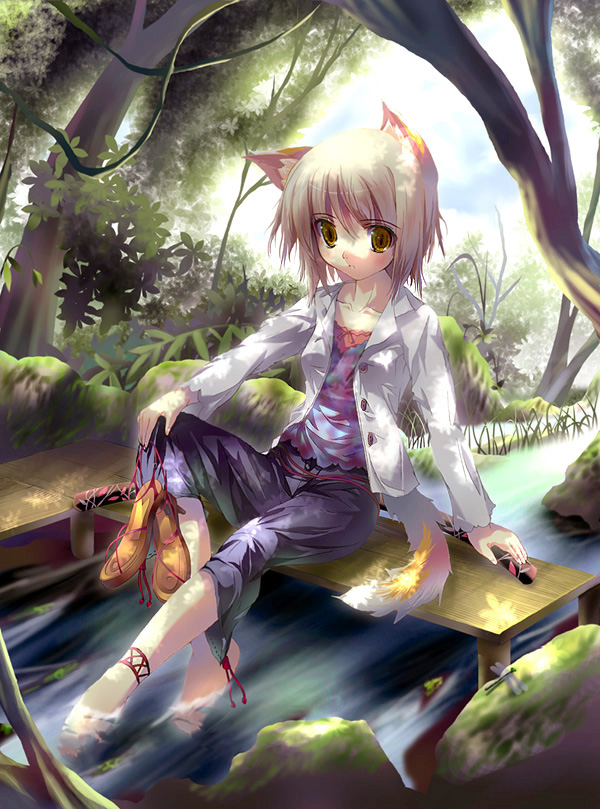 animal_ears barefoot blonde_hair fox_ears holding holding_shoes katana long_sleeves nature original outdoors river shoes shoes_removed short_hair soaking_feet solo stream sword tail tree tree_shade water weapon yamamoto_nori yellow_eyes