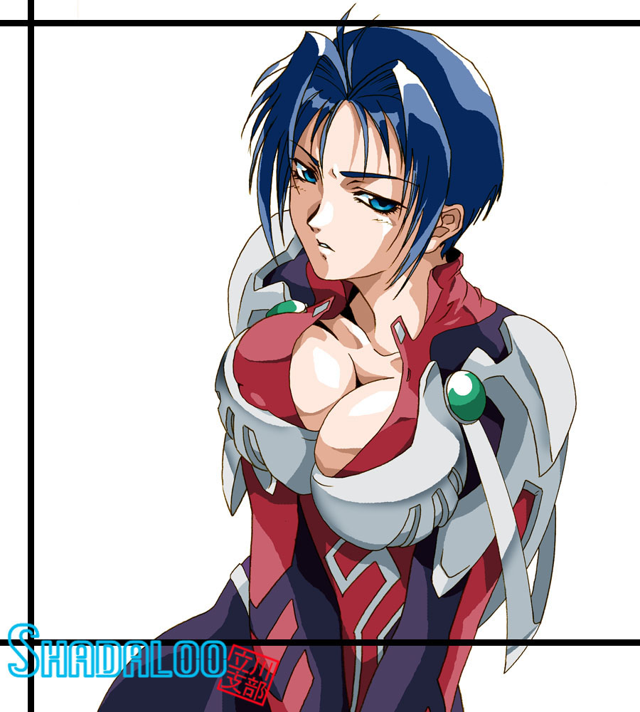 antenna_hair armor balrog_(shadaloo_tachikawa_shibu) bangs blue_eyes blue_hair blush bodysuit breast_squeeze breastplate breasts bursting_breasts cleavage frame gem hair_intakes large_breasts looking_at_viewer open_mouth parted_lips pauldrons pilot_suit red_bodysuit short_hair simple_background solo super_robot_wars unfastened upper_body v_arms viletta_badam white_background