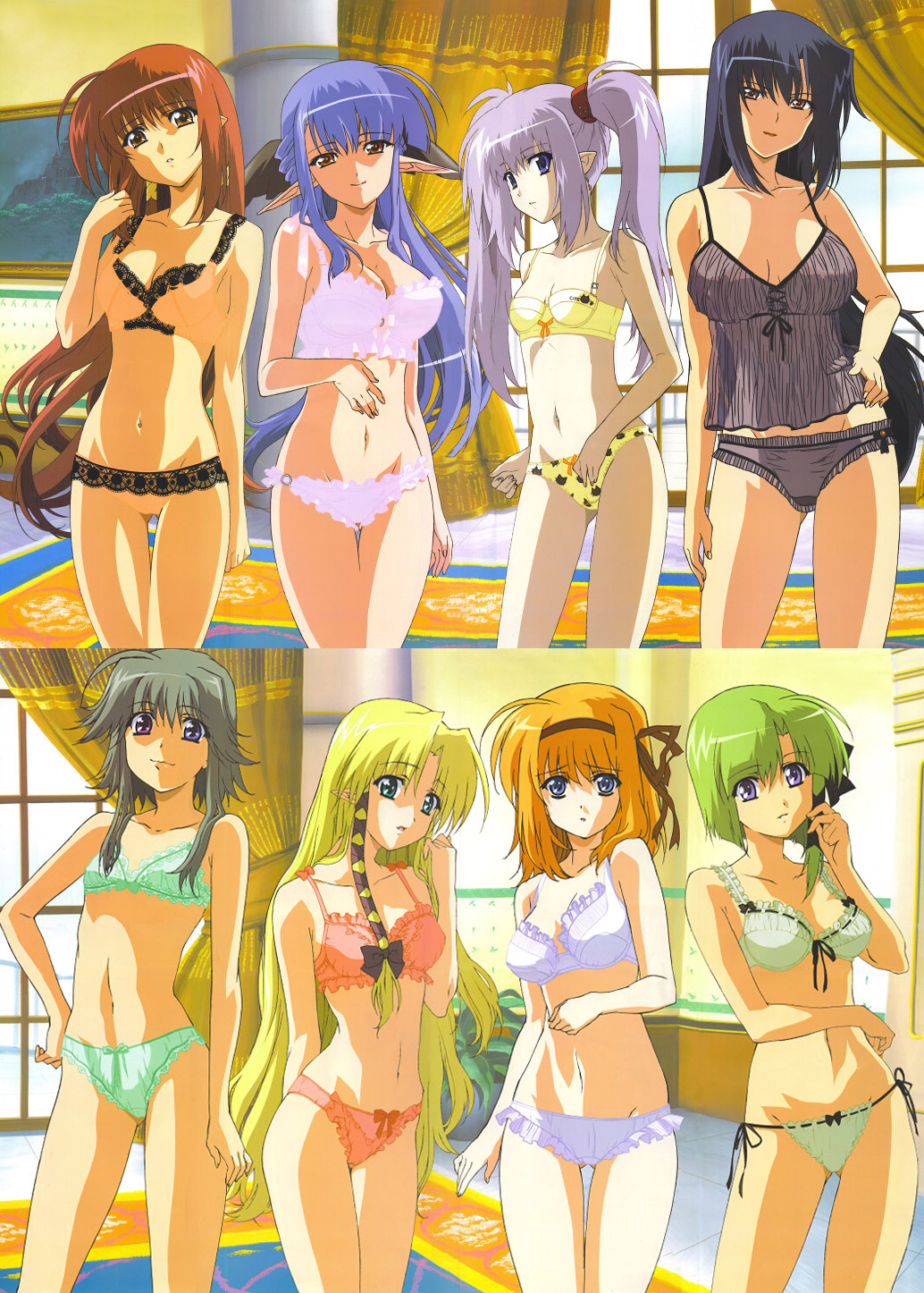 :o adjusting_hair age_difference ahoge animal_print aqua_eyes arm_behind_back ass_visible_through_thighs asymmetrical_hair bangs benibara_nadeshiko black_hair blonde_hair blue_eyes blue_hair bow bow_bra bow_panties bra breasts breasts_apart brown_eyes camisole cat_print cleavage clenched_hand closed_mouth clothes_writing contrapposto covered_nipples cowboy_shot curtains everyone flat_chest flipped_hair frilled_bra frilled_panties frills front-tie_top fuyou_kaede green_bra green_hair green_panties grey_hair grey_panties grin groin hair_between_eyes hair_bow hair_ribbon hair_tie hairband half_updo hand_on_hip head_tilt heterochromia highres hips hosoda_naoto indoors kareha lace lace-trimmed_bra lace-trimmed_panties large_breasts legs_apart legs_together light_smile lineup lingerie lipstick lisianthus long_hair long_pointy_ears looking_at_viewer lowleg lowleg_panties makeup mature mayumi_thyme multiple_girls navel nerine official_art orange_hair painting_(object) pale_skin panties parted_bangs parted_lips pink_bra pink_panties plant pointy_ears potted_plant primula print_panties purple_eyes raised_eyebrows red_bra red_eyes red_hair red_panties ribbon ribbon-trimmed_bra ribbon-trimmed_panties ribbon_trim rug scan see-through shigure_asa short_hair short_hair_with_long_locks shuffle! side-tie_panties sidelocks silver_hair slender_waist small_breasts smile standing stitched thigh_gap third-party_edit tile_floor tiles tress_ribbon twintails underwear underwear_only very_long_hair white_bra white_panties window yellow_bra yellow_panties
