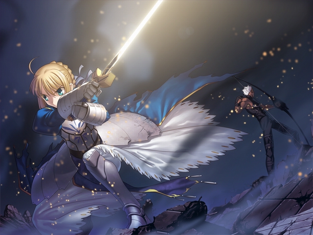 1girl archer armor armored_dress artoria_pendragon_(all) blonde_hair bow_(weapon) dress excalibur fate/hollow_ataraxia fate/stay_night fate_(series) game_cg glowing glowing_sword glowing_weapon saber sword takeuchi_takashi weapon