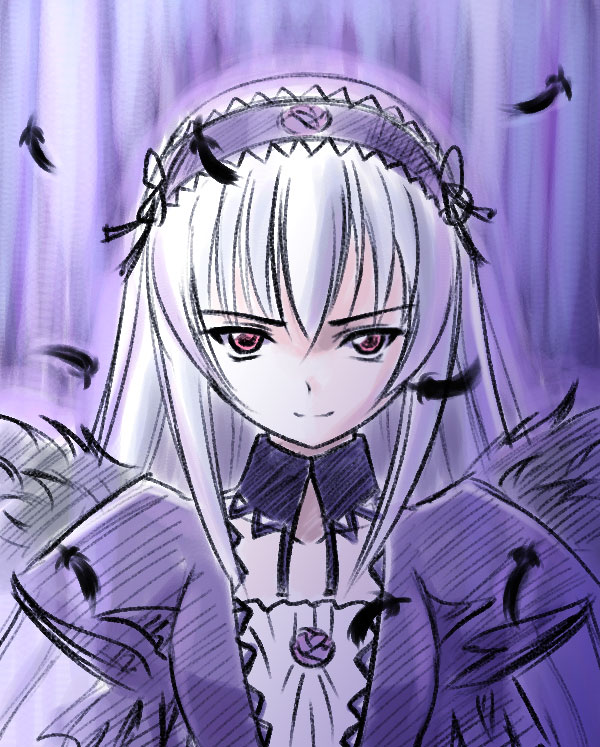 feathers long_hair masakichi_(crossroad) red_eyes rozen_maiden silver_hair solo suigintou white_skin