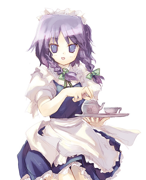 :d apron artist_request blue_dress blue_eyes bow bowtie braid cup dress frilled_apron frills izayoi_sakuya looking_at_viewer maid maid_headdress open_mouth puffy_short_sleeves puffy_sleeves short_sleeves simple_background smile solo teacup teapot touhou tray twin_braids v-shaped_eyebrows white_background